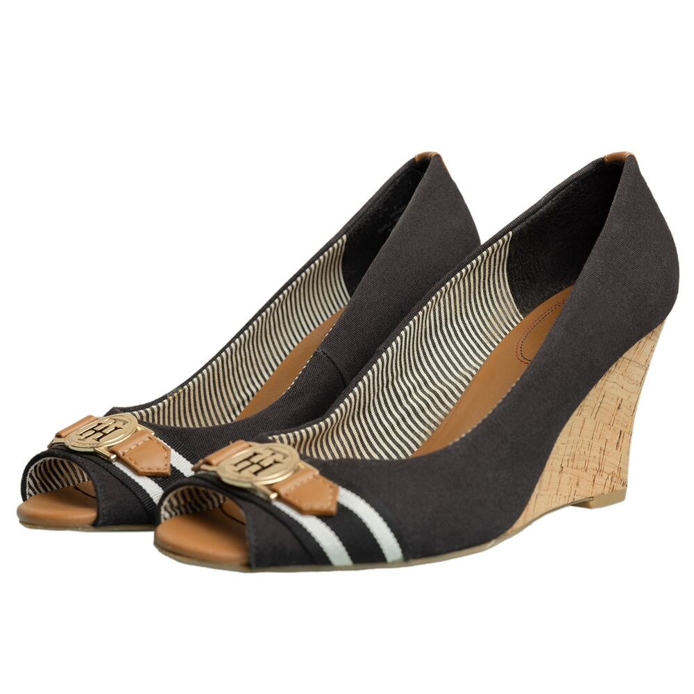 Womens Designer Tommy Hilfiger Tabbe Black Linen Cork Wedge Pump High Heels -EUC